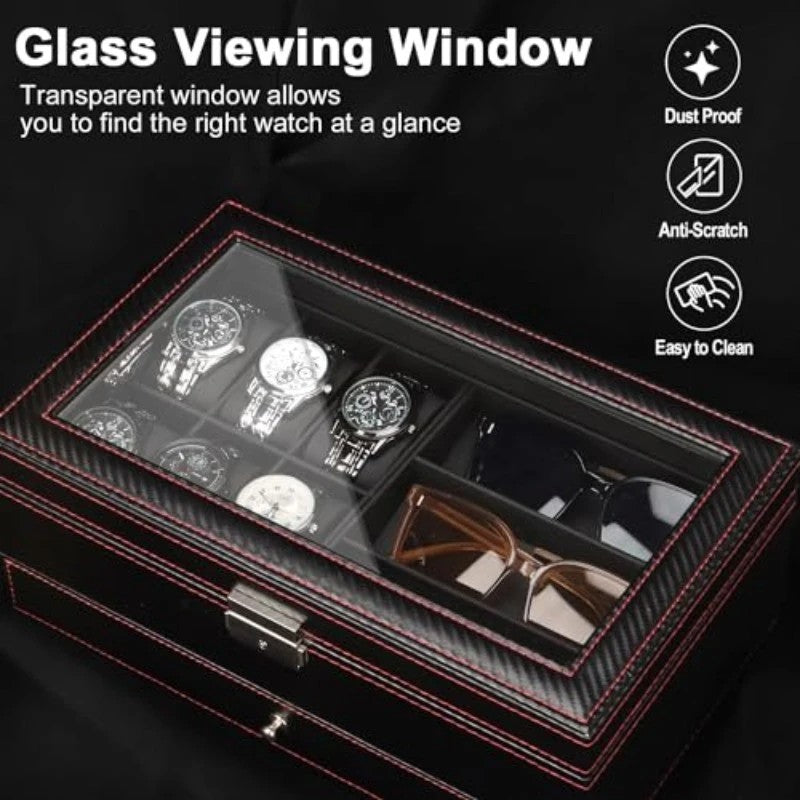 Men's Watch and Glasses Storage Box: Transparent Lid, Zoned Storage, Multi-slot Protection for Watches and Accessories