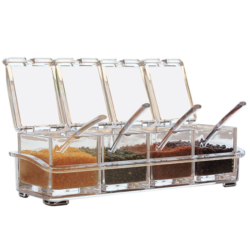 4 Piece Transparent Spice Box Set with Spoons and Non Slip Tray, 25 x 10 x 7.5 cm