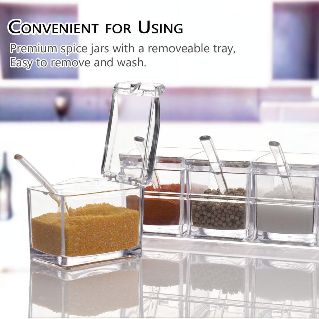 4 Piece Transparent Spice Box Set with Spoons and Non Slip Tray, 25 x 10 x 7.5 cm