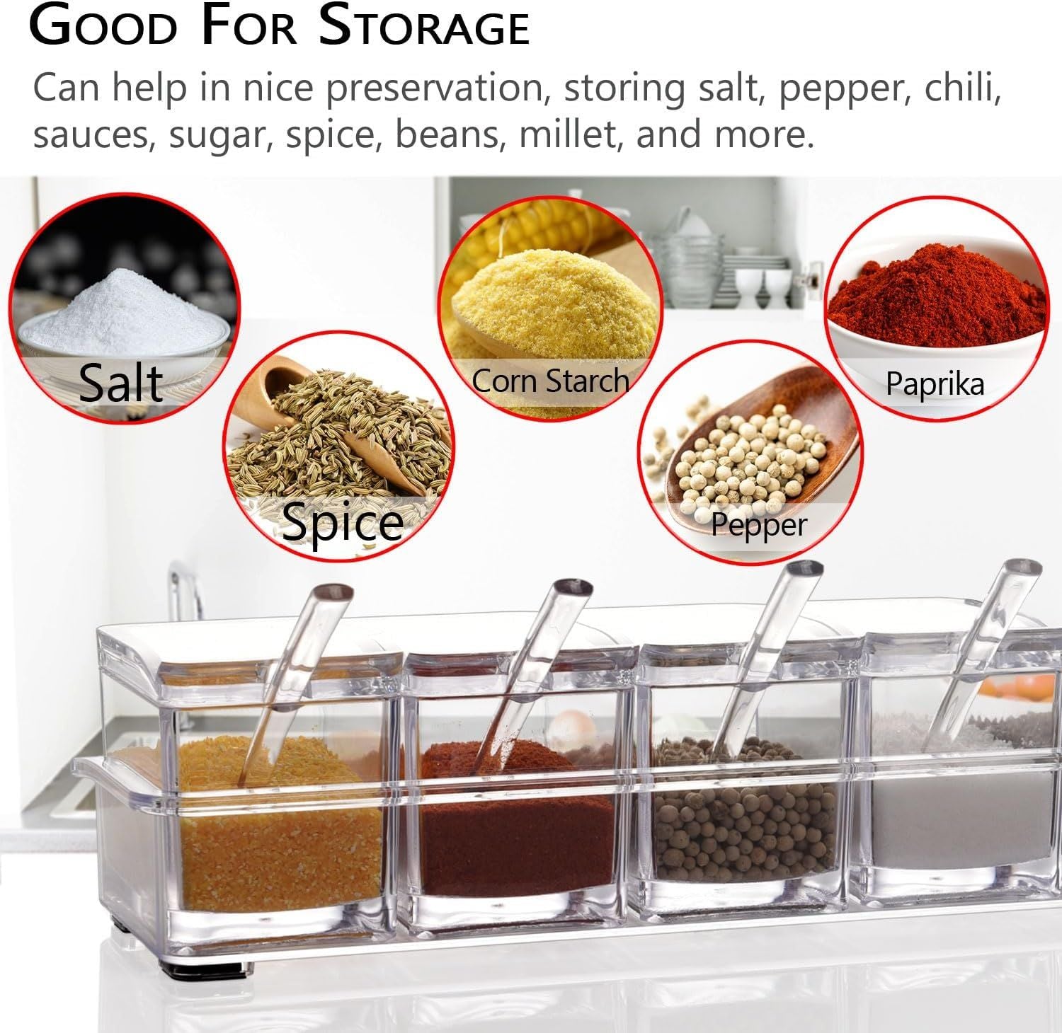 4 Piece Transparent Spice Box Set with Spoons and Non Slip Tray, 25 x 10 x 7.5 cm