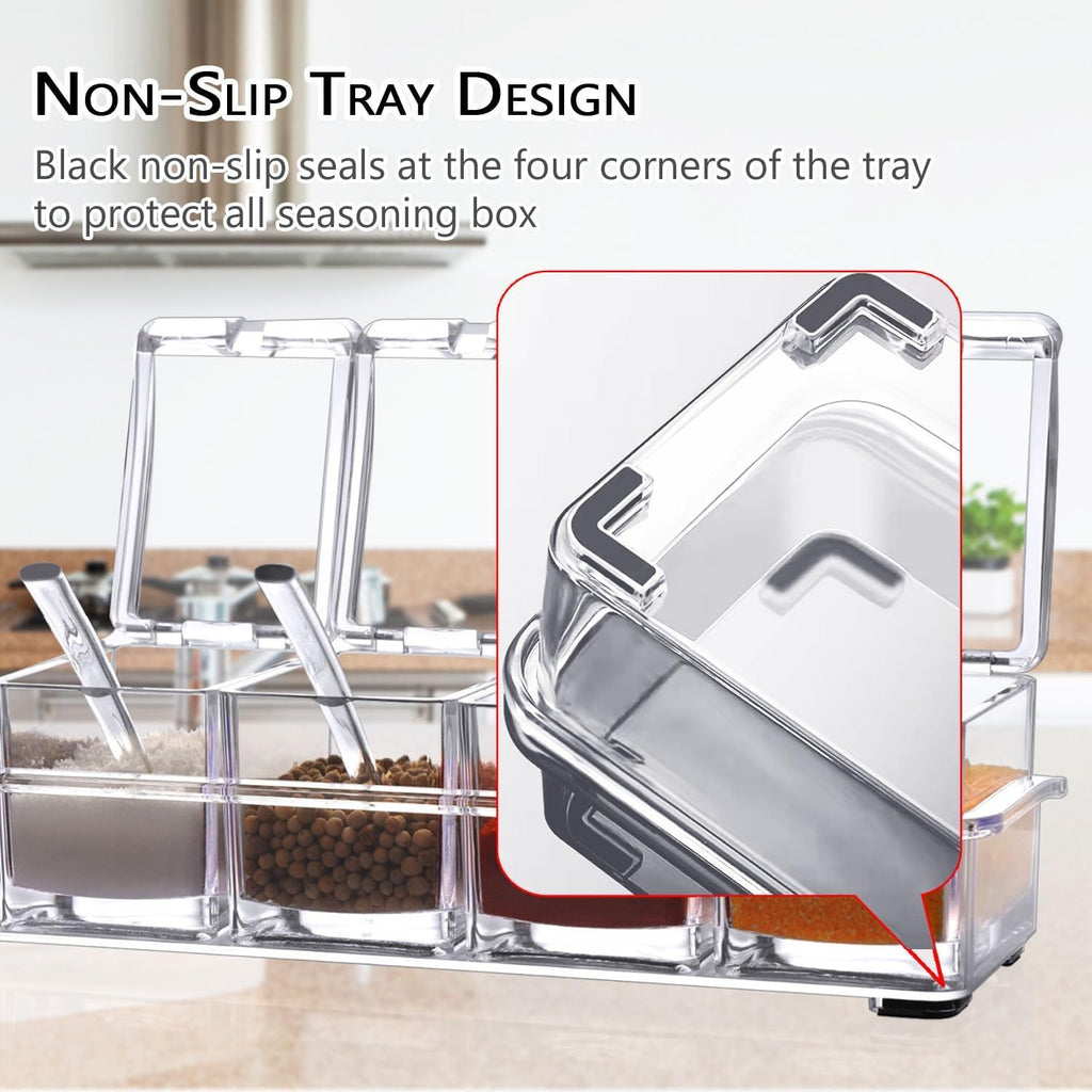 4 Piece Transparent Spice Box Set with Spoons and Non Slip Tray, 25 x 10 x 7.5 cm