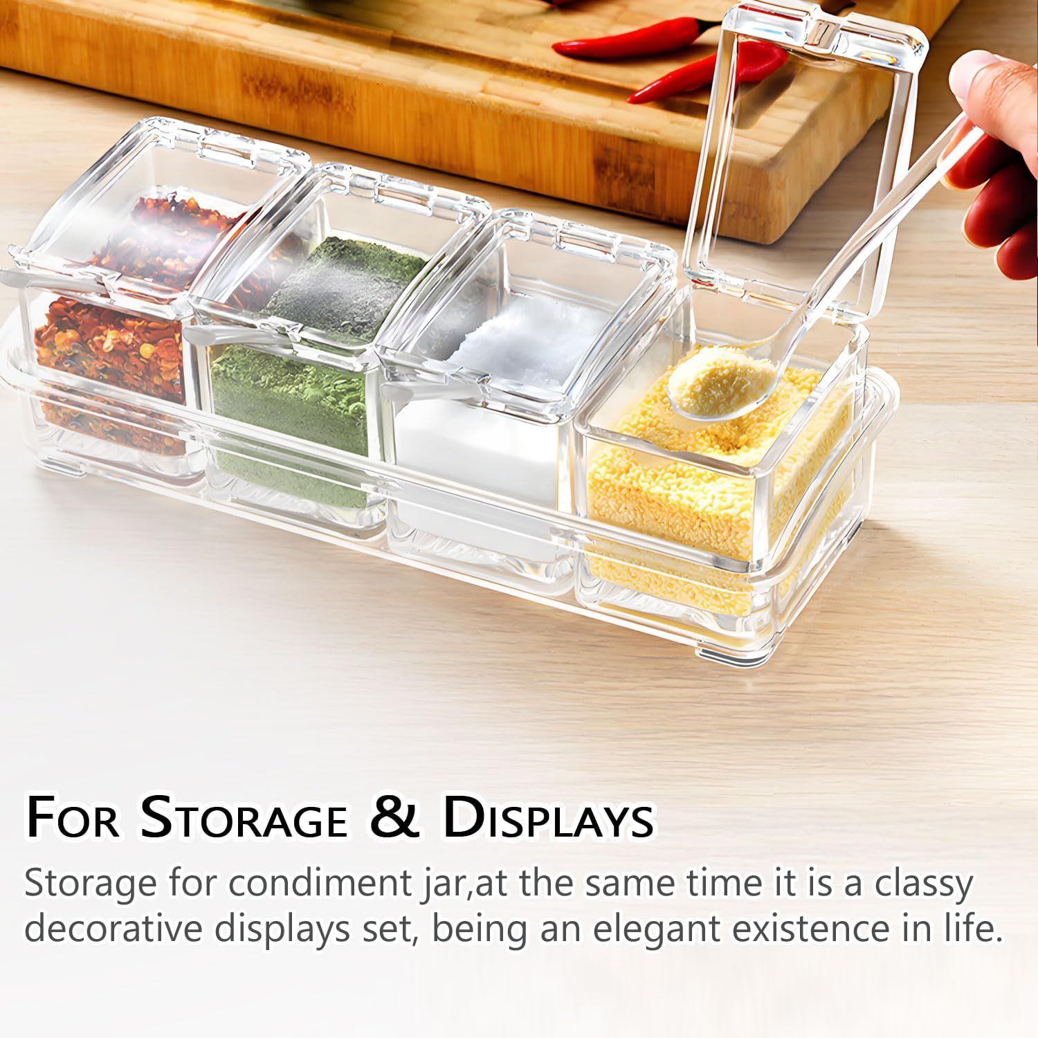 4 Piece Transparent Spice Box Set with Spoons and Non Slip Tray, 25 x 10 x 7.5 cm