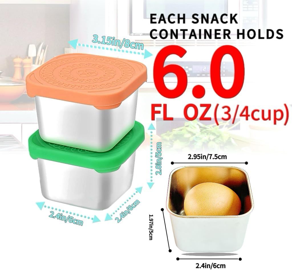 6 Piece Stainless Steel Snack Bowl Set Leakproof Stackable, 6 oz 180 ml