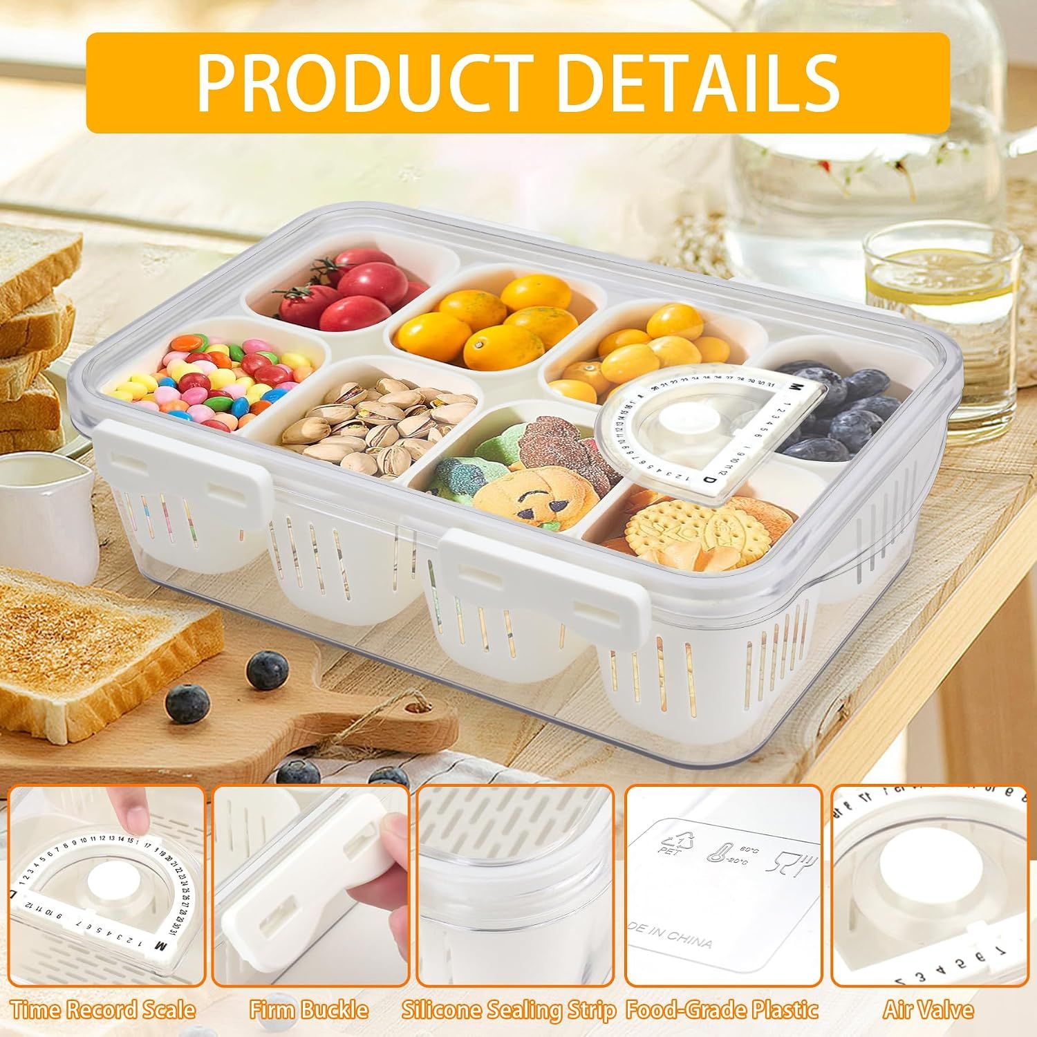 Snackle Box with Lid 8 Compartments for Snacks and Fruit