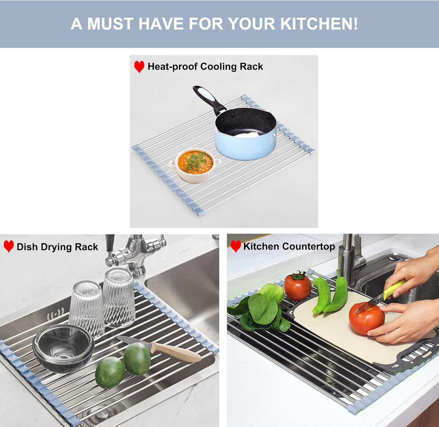 Roll-Up Stainless Steel Over-Sink Dish Drying Rack (44cm x 30cm)