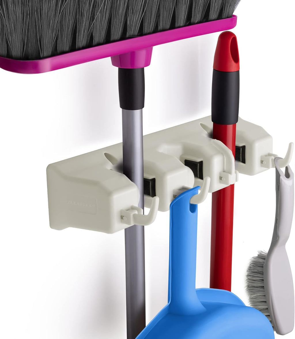Mop and Broom Organizer Wall Mount - Easy to Install Mop and Broom Holder Wall Mount for Storing Cleaning Supplies - Organizer Utility Racks Mop Holder and Broom Hanger (3 Slots, White)