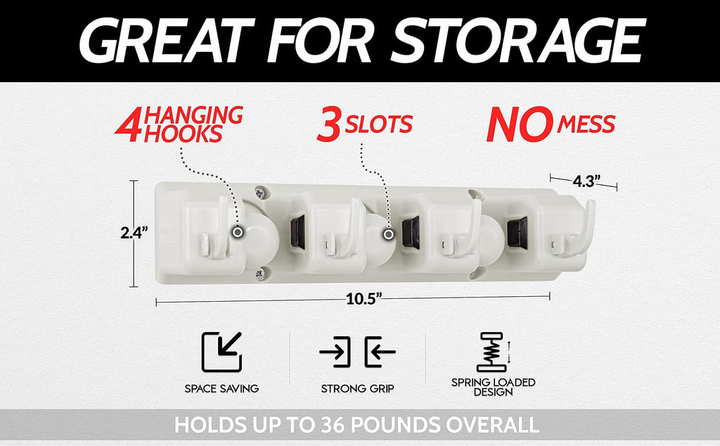 Mop and Broom Organizer Wall Mount - Easy to Install Mop and Broom Holder Wall Mount for Storing Cleaning Supplies - Organizer Utility Racks Mop Holder and Broom Hanger (3 Slots, White)