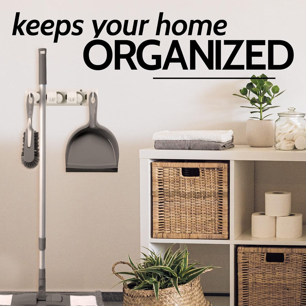 Mop and Broom Organizer Wall Mount - Easy to Install Mop and Broom Holder Wall Mount for Storing Cleaning Supplies - Organizer Utility Racks Mop Holder and Broom Hanger (3 Slots, White)