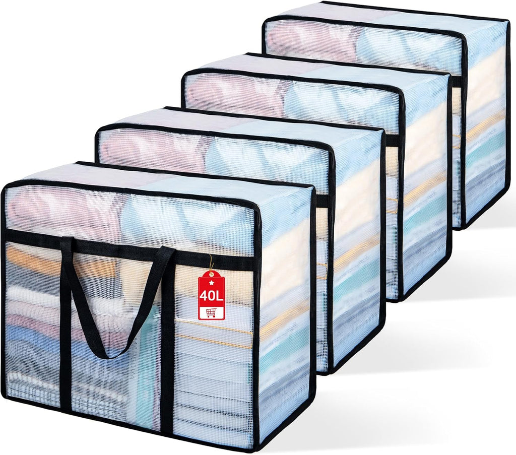 4 Pack Clear Blanket Storage Bags, Plastic Comforter Clothes Storage Bags Underded Moving Bags Closet Organizers and Storage Zippered Sturdy Handle for Bedding, Clothes, Linen, Toys, Quilt, Duvet 40L