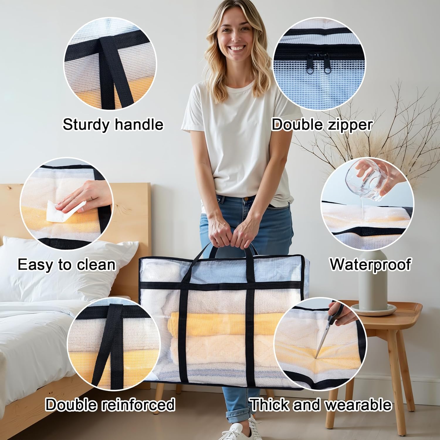 4 Pack Clear Blanket Storage Bags, Plastic Comforter Clothes Storage Bags Underded Moving Bags Closet Organizers and Storage Zippered Sturdy Handle for Bedding, Clothes, Linen, Toys, Quilt, Duvet 40L
