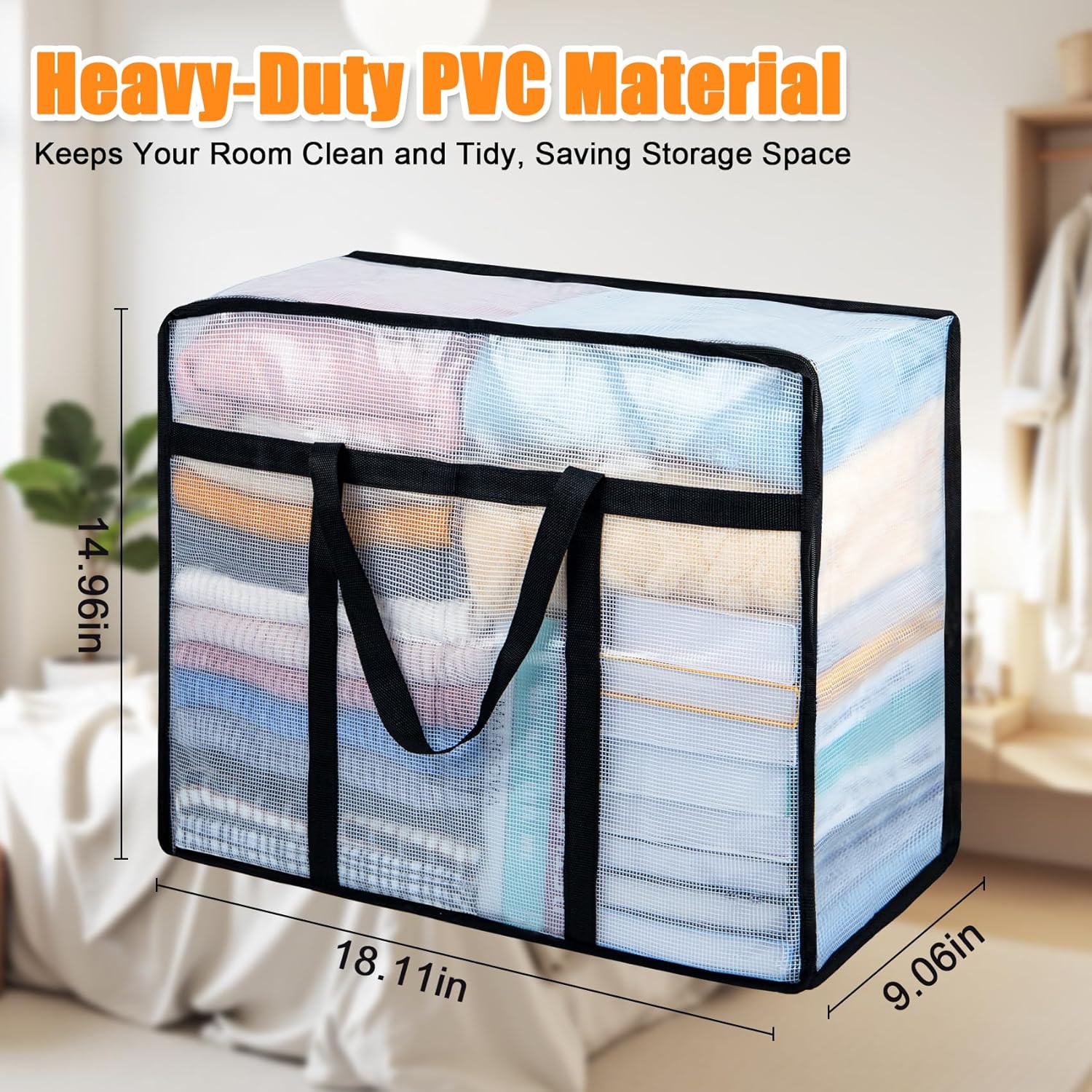 4 Pack Clear Blanket Storage Bags, Plastic Comforter Clothes Storage Bags Underded Moving Bags Closet Organizers and Storage Zippered Sturdy Handle for Bedding, Clothes, Linen, Toys, Quilt, Duvet 40L