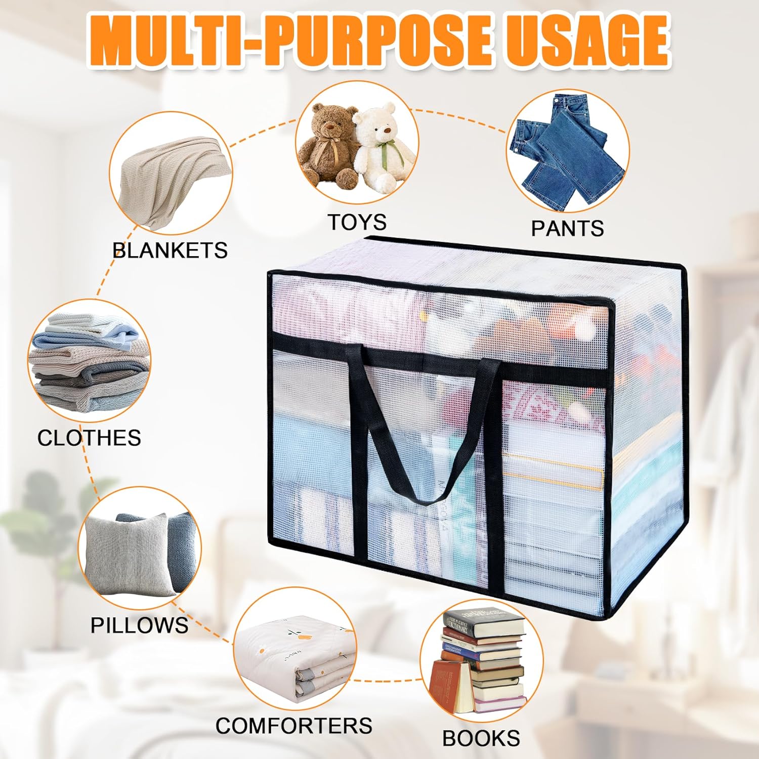 4 Pack Clear Blanket Storage Bags, Plastic Comforter Clothes Storage Bags Underded Moving Bags Closet Organizers and Storage Zippered Sturdy Handle for Bedding, Clothes, Linen, Toys, Quilt, Duvet 40L