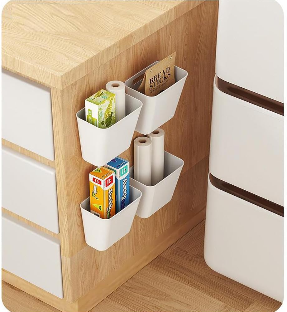 4 Piece Kitchen Cabinet Door Storage Box,Self Adhesive Wall Mounted Storage Box,Wardrobe/Bathroom/Refrigerator Small Items Organizer Storage Box