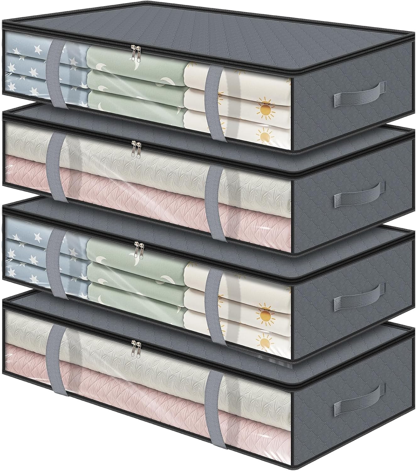 LANDNEOO 4 Pack 90L Under Bed Storage Containers - Underbed Storage for Clothes, Blankets - Closet Organizers and Storage Bags - Under the Bed Storage Bins with Handles & Clear Front