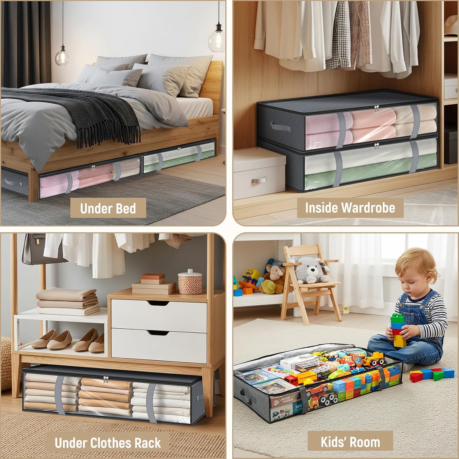 LANDNEOO 4 Pack 90L Under Bed Storage Containers - Underbed Storage for Clothes, Blankets - Closet Organizers and Storage Bags - Under the Bed Storage Bins with Handles & Clear Front