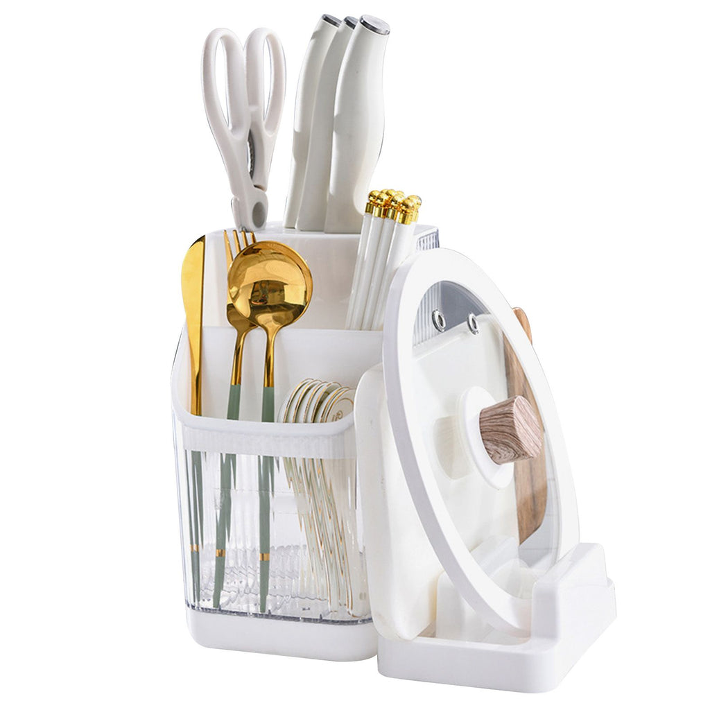 Multifunctional Kitchen Storage Rack Kitchen Countertop Cutting Board Pot Cover Chopsticks Forks Spoons Holder Pearl White