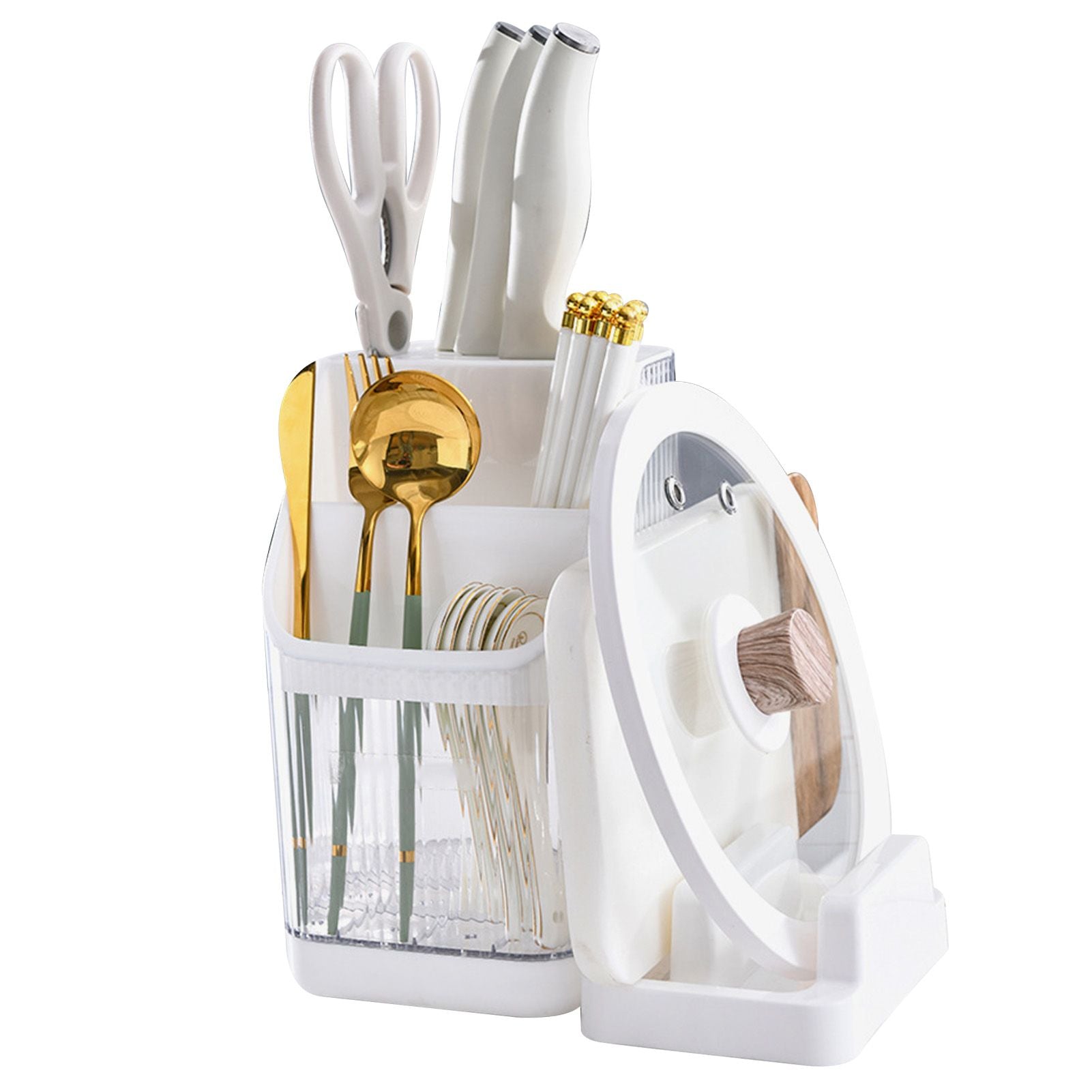 Multifunctional Kitchen Storage Rack Kitchen Countertop Cutting Board Pot Cover Chopsticks Forks Spoons Holder Pearl White