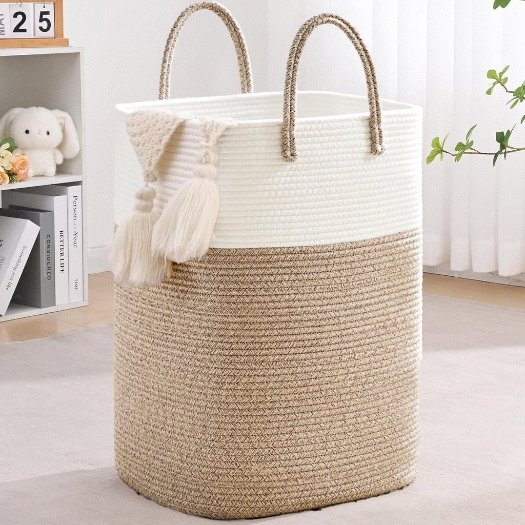 60L Cotton Rope Laundry Hamper Tall Woven Laundry Basket with Handles, Collapsible Clothes Hamper for Blankets Towels Laundry Storage Nursery Bedroom Bathroom Living Room