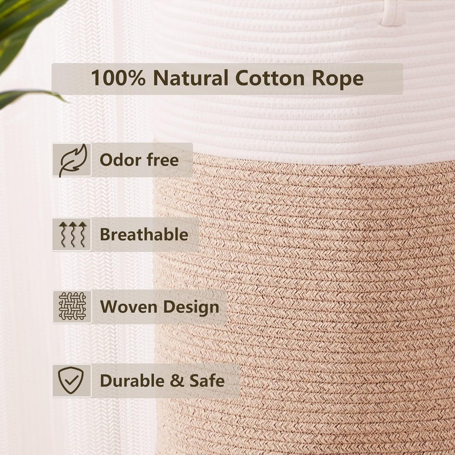60L Cotton Rope Laundry Hamper Tall Woven Laundry Basket with Handles, Collapsible Clothes Hamper for Blankets Towels Laundry Storage Nursery Bedroom Bathroom Living Room