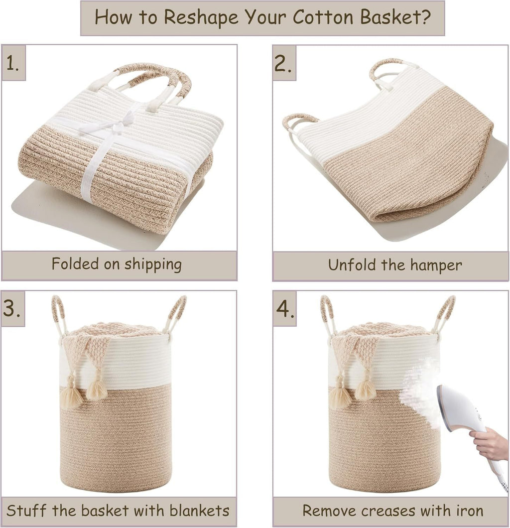 60L Cotton Rope Laundry Hamper Tall Woven Laundry Basket with Handles, Collapsible Clothes Hamper for Blankets Towels Laundry Storage Nursery Bedroom Bathroom Living Room