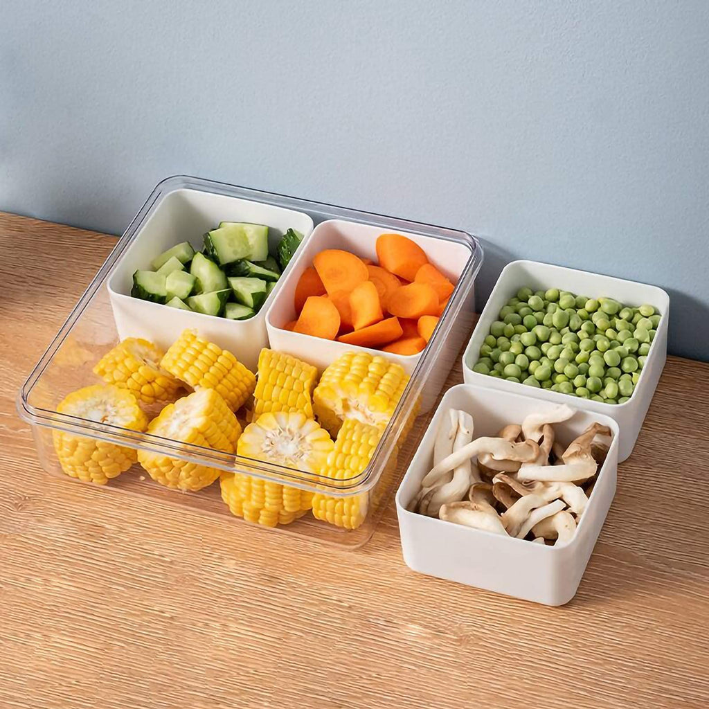 2Pack Divided Veggie Tray with Lid for Snack Serving Container Salad Keeper with 4 Removable Boxes Stackable Refrigerator