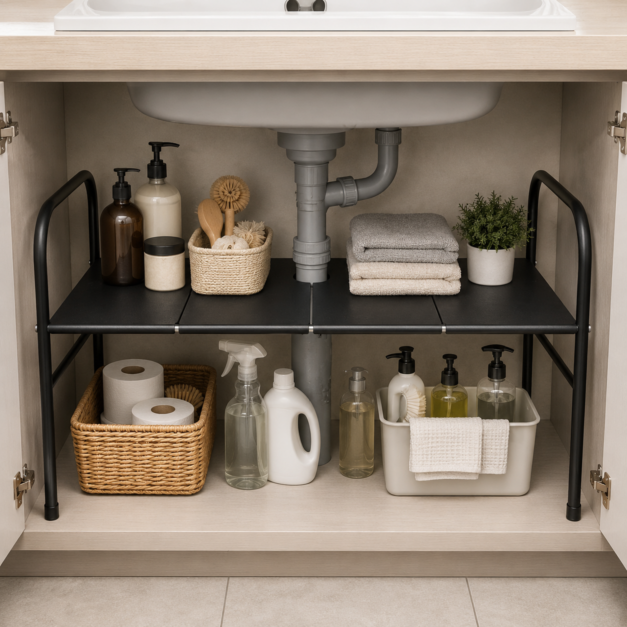 Extendable Storage Rack Under Sink Shelf  Kitchen Organizer black