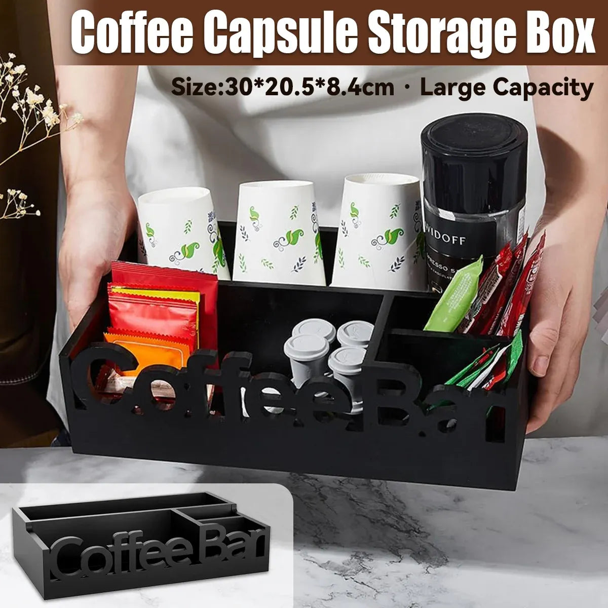 Wooden 4-Compartment Coffee Capsule Storage Box for Kitchen Cafe Desktop Storage