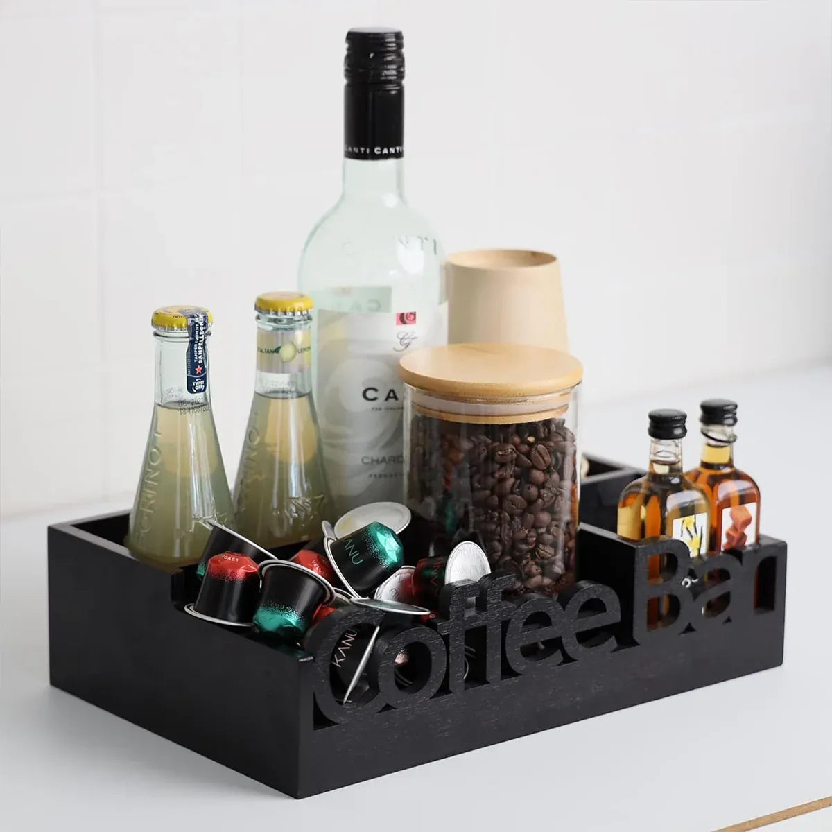 Wooden 4-Compartment Coffee Capsule Storage Box for Kitchen Cafe Desktop Storage