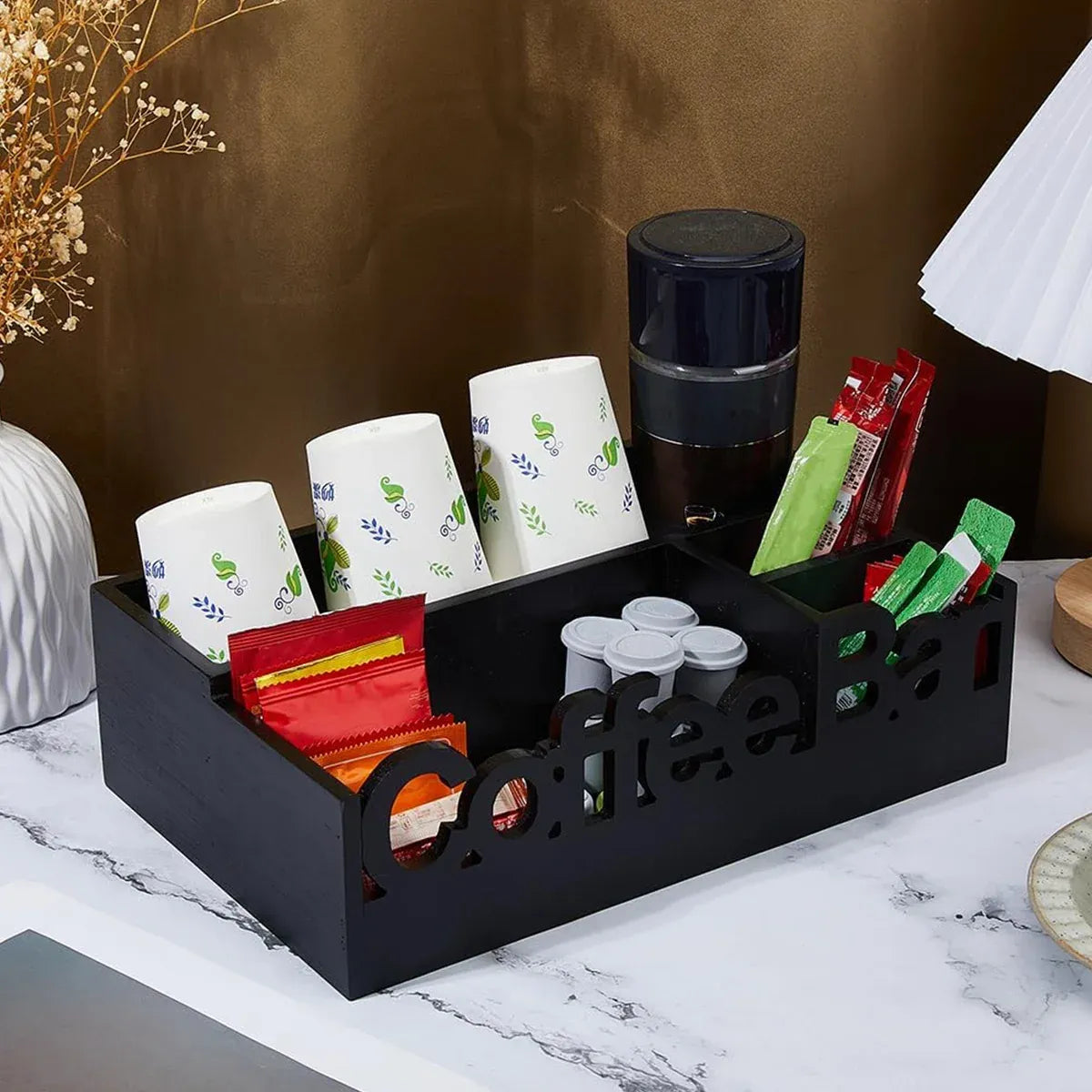 Wooden 4-Compartment Coffee Capsule Storage Box for Kitchen Cafe Desktop Storage