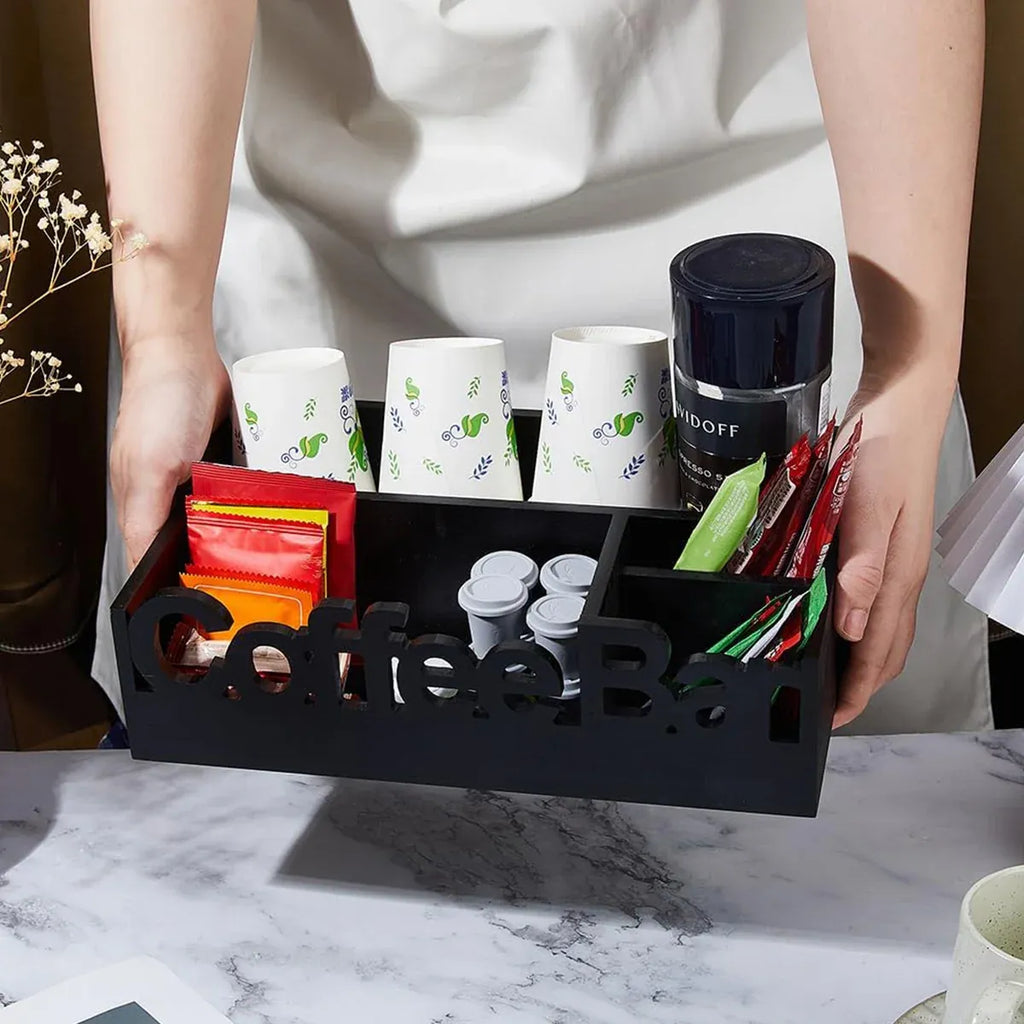 Wooden 4-Compartment Coffee Capsule Storage Box for Kitchen Cafe Desktop Storage