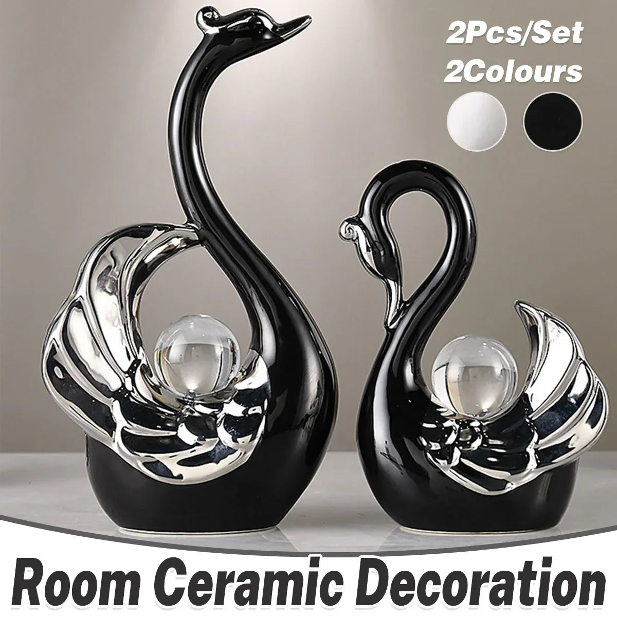 Swan Ceramic Tabletop Ornament Set Home Decor Figurine Gift Room Decoration Art - Black
