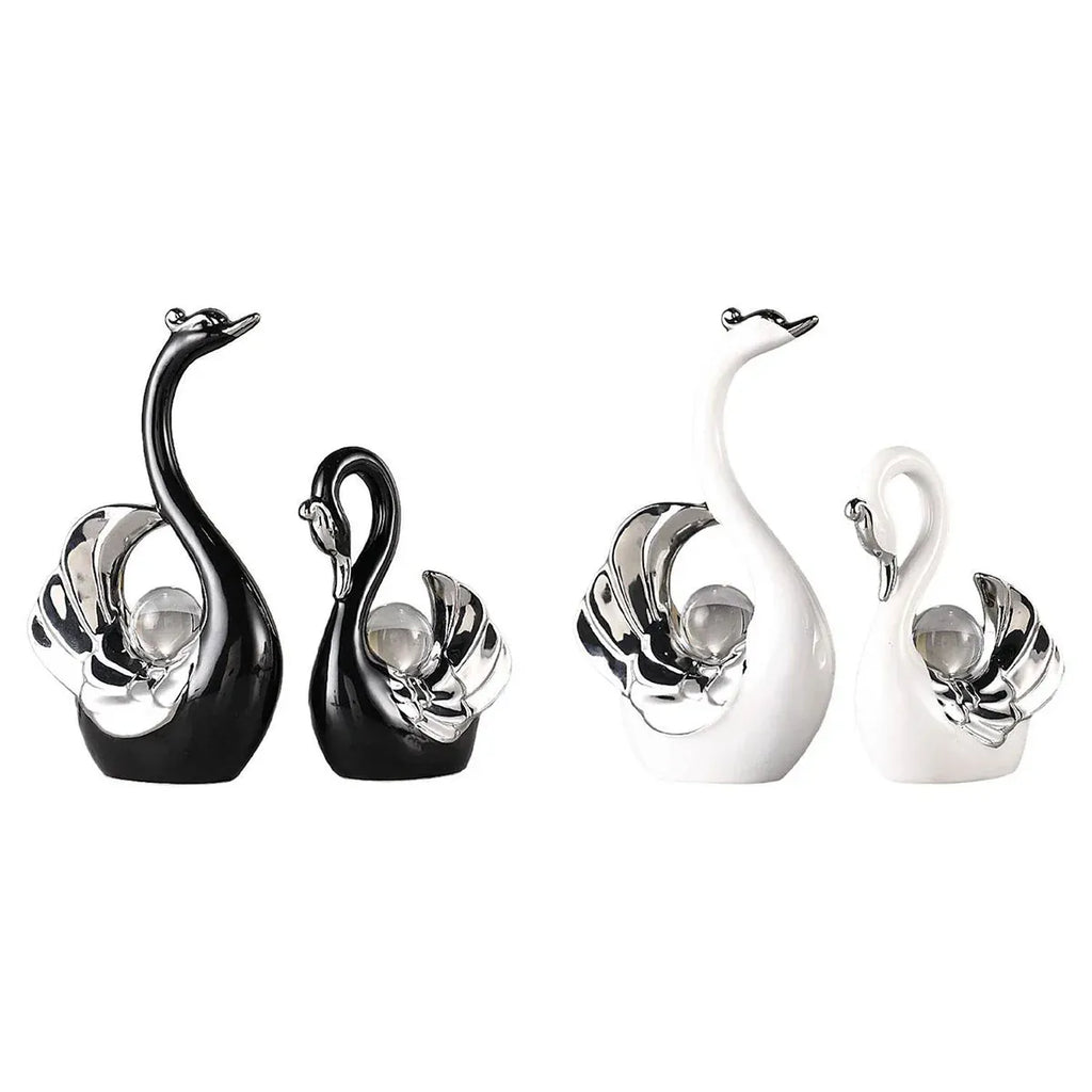Swan Ceramic Tabletop Ornament Set Home Decor Figurine Gift Room Decoration Art - Black