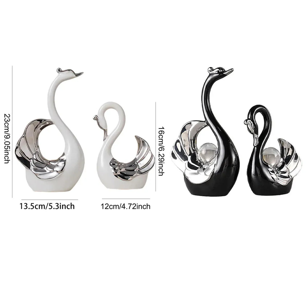 Swan Ceramic Tabletop Ornament Set Home Decor Figurine Gift Room Decoration Art - Black