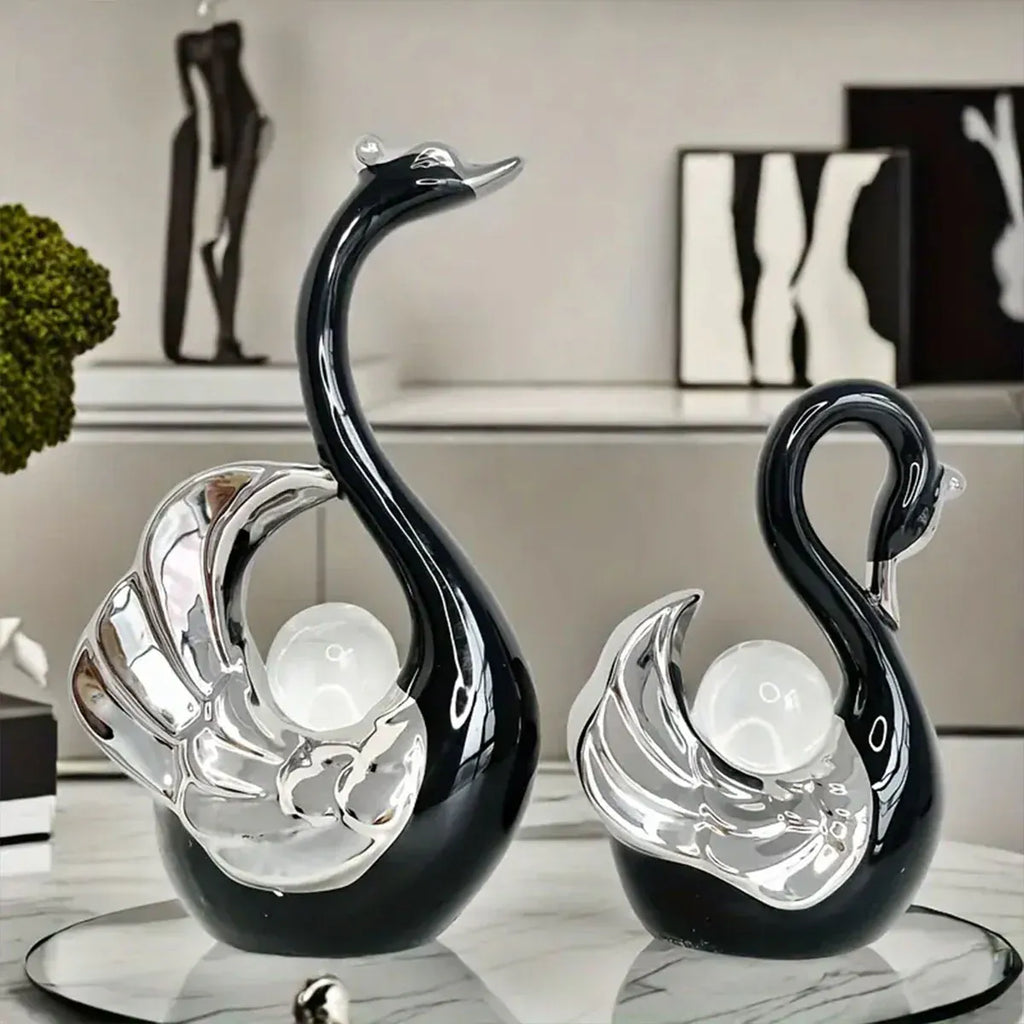 Swan Ceramic Tabletop Ornament Set Home Decor Figurine Gift Room Decoration Art - Black