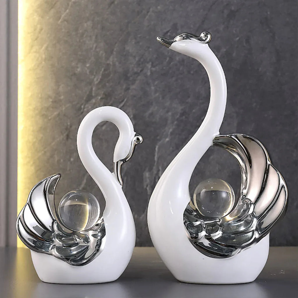 Swan Ceramic Tabletop Ornament Set Home Decor Figurine Gift Room Decoration Art - Black