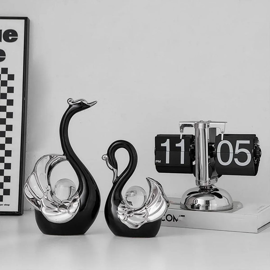 Swan Ceramic Tabletop Ornament Set Home Decor Figurine Gift Room Decoration Art - Black