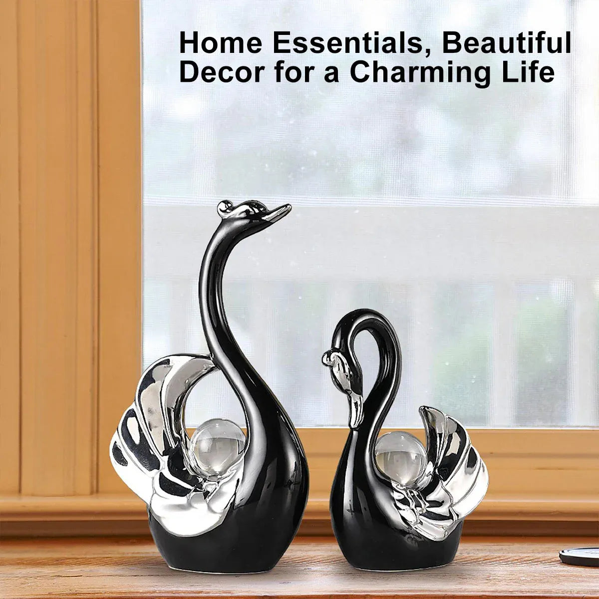 Swan Ceramic Tabletop Ornament Set Home Decor Figurine Gift Room Decoration Art - Black