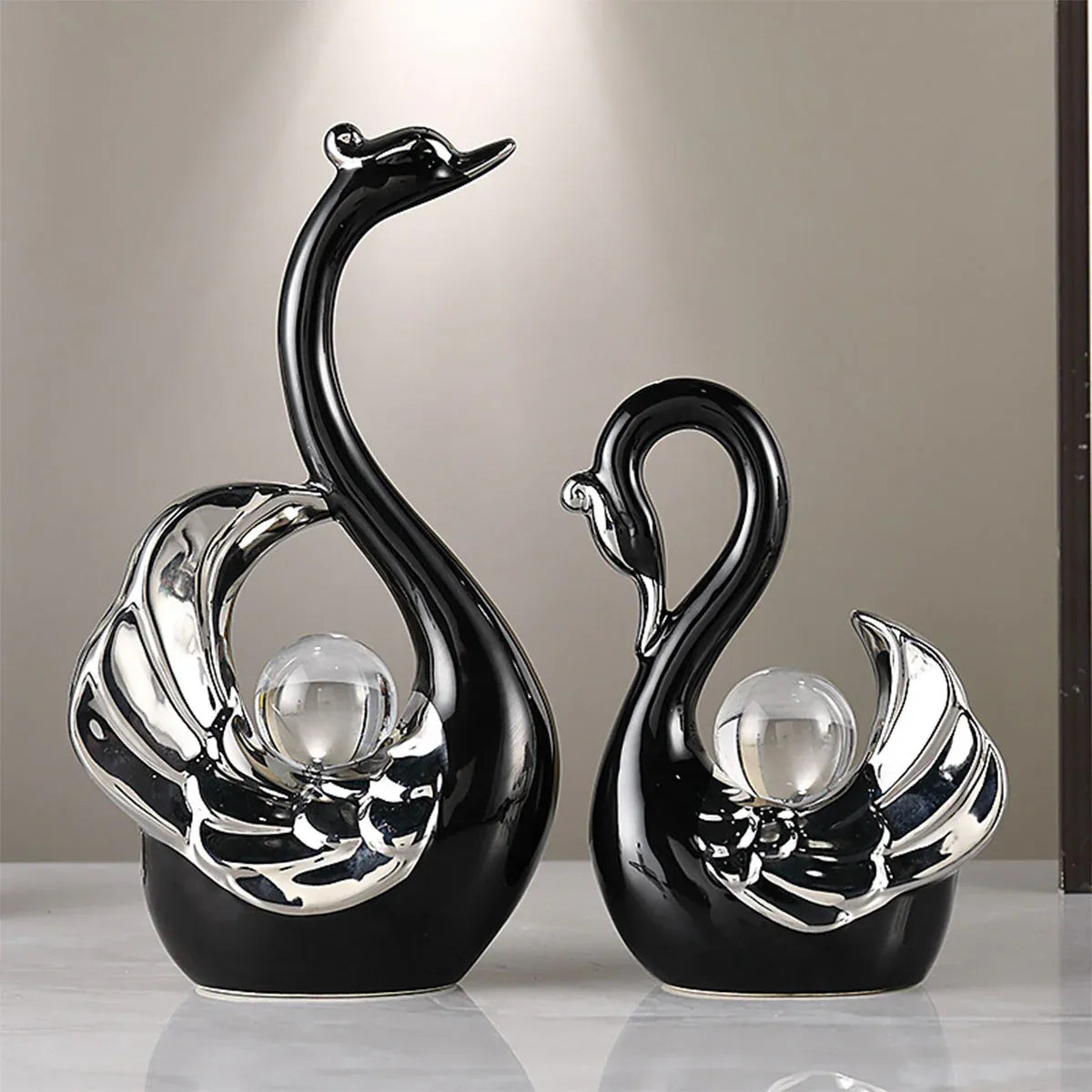 Swan Ceramic Tabletop Ornament Set Home Decor Figurine Gift Room Decoration Art - Black