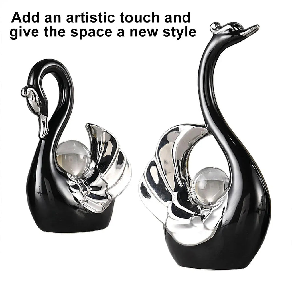 Swan Ceramic Tabletop Ornament Set Home Decor Figurine Gift Room Decoration Art - Black