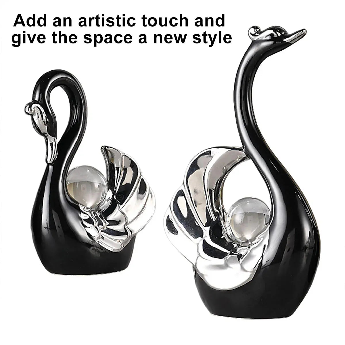 Swan Ceramic Tabletop Ornament Set Home Decor Figurine Gift Room Decoration Art - Black