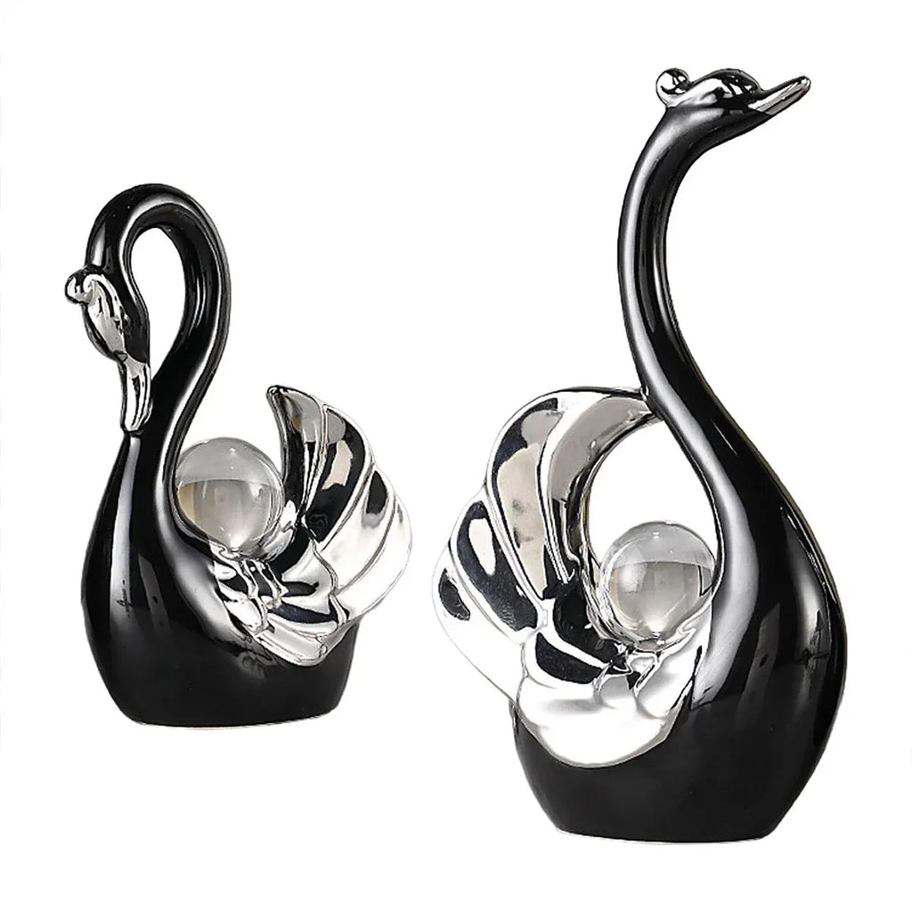 Swan Ceramic Tabletop Ornament Set Home Decor Figurine Gift Room Decoration Art - Black