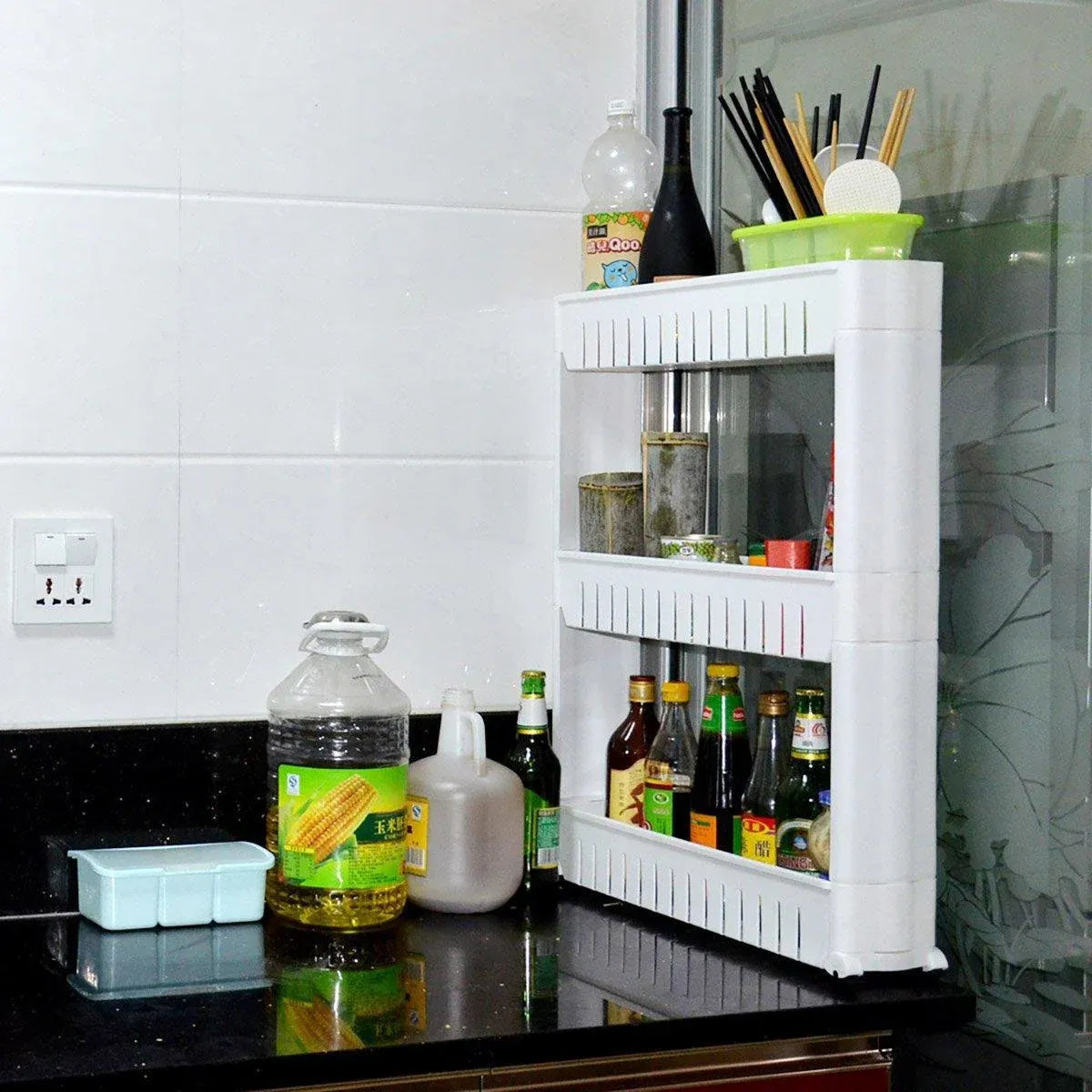 Movable 3 Layer Plastic Kitchen Storage Rack Refrigerator Gap Shelf Organizer
