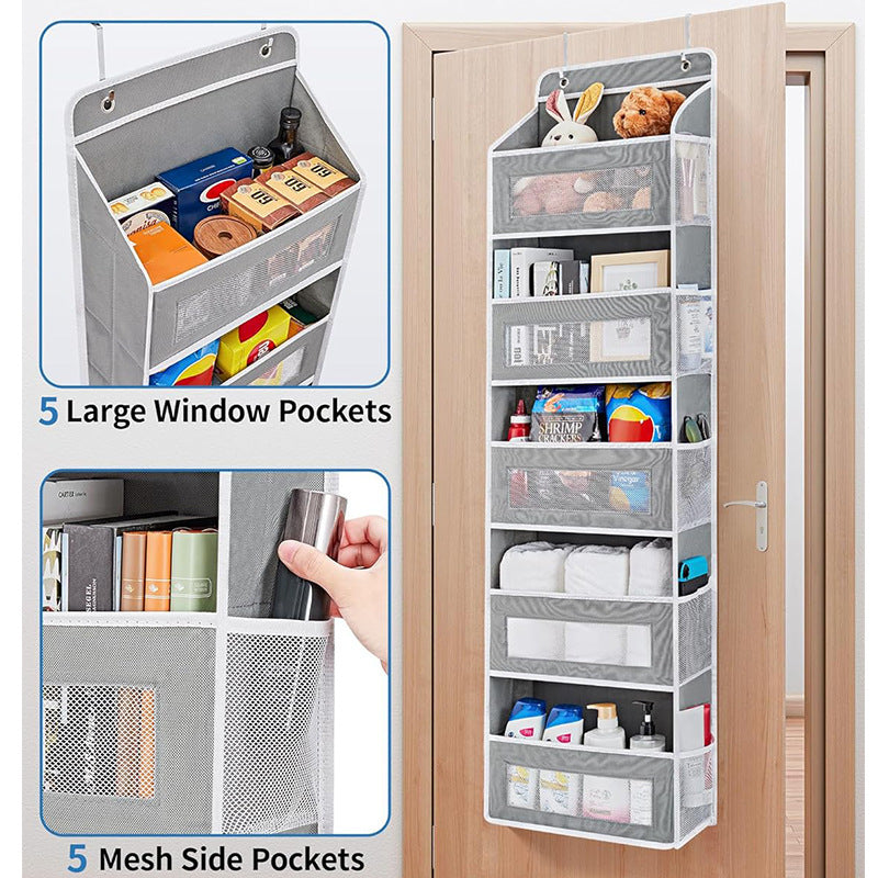 Grey Heavy Duty 5-Tier Over-The-Door Hanging Organizer - Space-Saving Storage with Clear Windows & Mesh Pockets