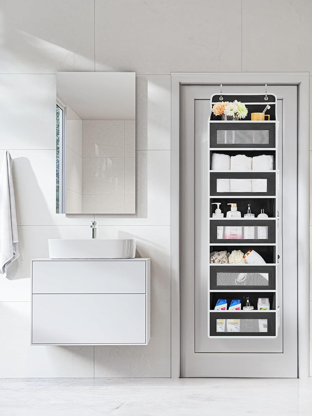 Grey Heavy Duty 5-Tier Over-The-Door Hanging Organizer - Space-Saving Storage with Clear Windows & Mesh Pockets