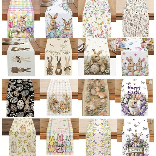 33 x 183 CM Festive Easter Linen Table Runner - Cartoon Bunny Table Runner & Stain-Resistant Primitive Home Decor (Style-2)