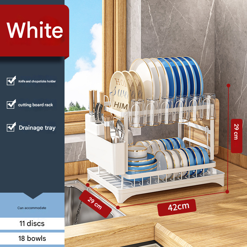 White Foldable Dish Rack with Drain Tray, Knife & Chopstick Holder, Cup Rack, and Cutting Board Support – 42cm x 29cm x 29cm, Easy-Install Kitchen Storage Organizer for Plates, Bowls, Glasses, and Utensils