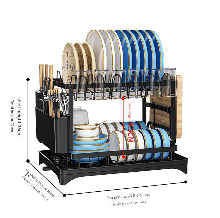 White Foldable Dish Rack with Drain Tray, Knife & Chopstick Holder, Cup Rack, and Cutting Board Support – 42cm x 29cm x 29cm, Easy-Install Kitchen Storage Organizer for Plates, Bowls, Glasses, and Utensils