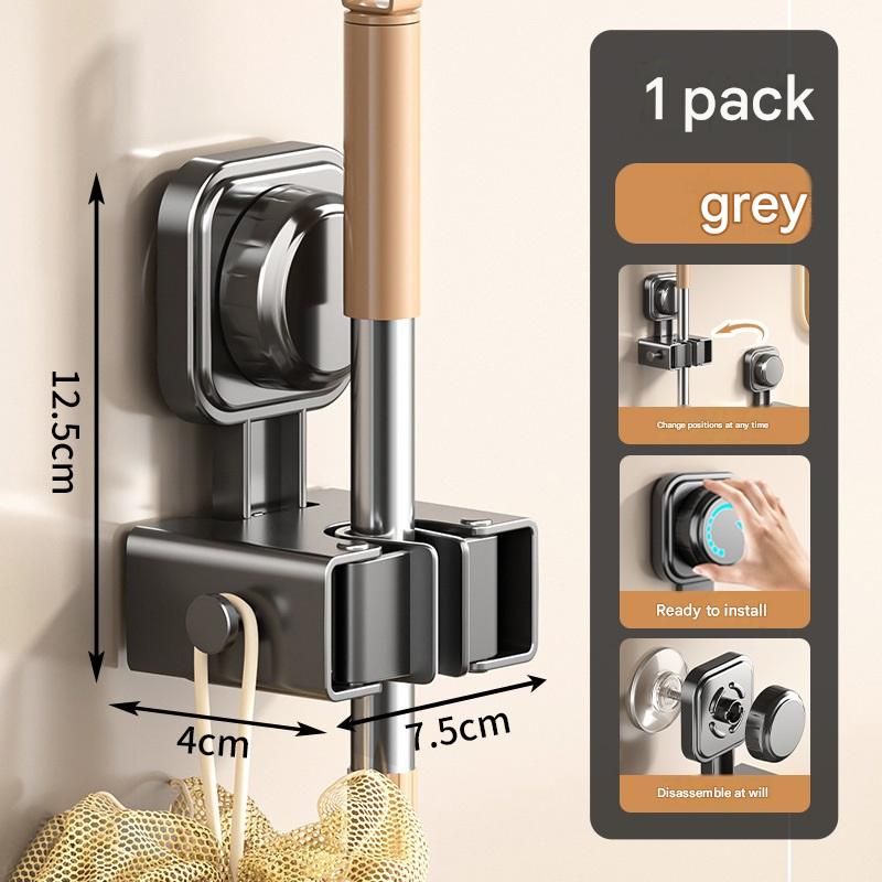 1 pack Grey Suction Cup Mop and Broom Holder Wall Mount - No Drill Adhesive Hook for Bathroom, Kitchen and Laundry, Strong Hold Reusable Storage Organiser for Cleaning Tools