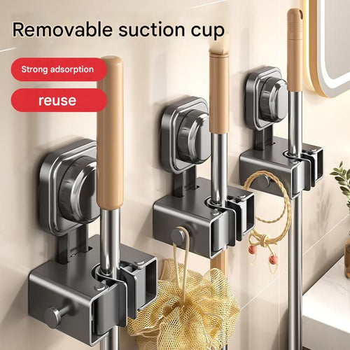1 pack Grey Suction Cup Mop and Broom Holder Wall Mount - No Drill Adhesive Hook for Bathroom, Kitchen and Laundry, Strong Hold Reusable Storage Organiser for Cleaning Tools