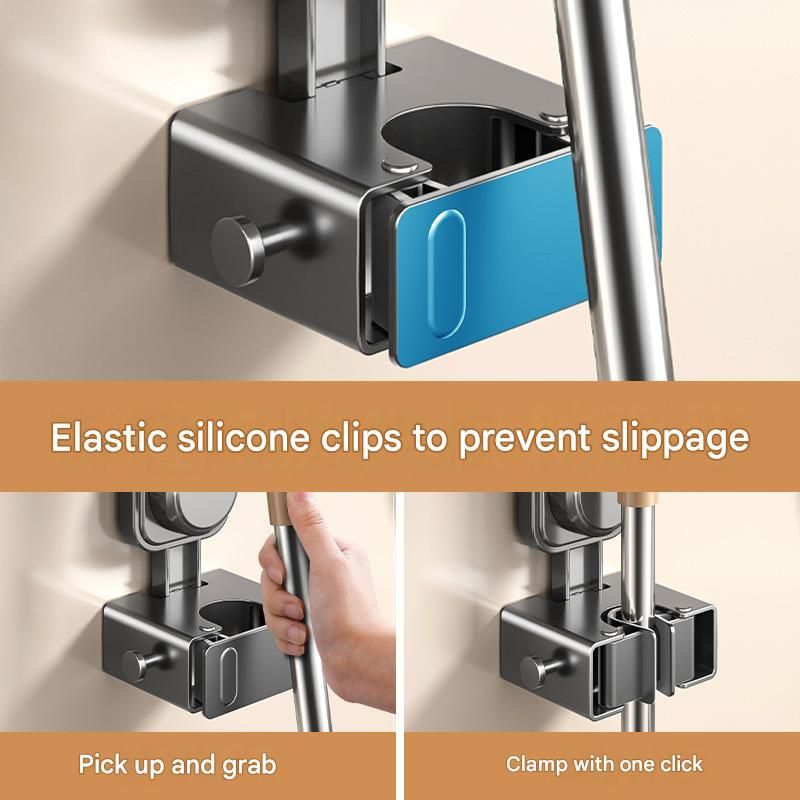 1 pack Grey Suction Cup Mop and Broom Holder Wall Mount - No Drill Adhesive Hook for Bathroom, Kitchen and Laundry, Strong Hold Reusable Storage Organiser for Cleaning Tools